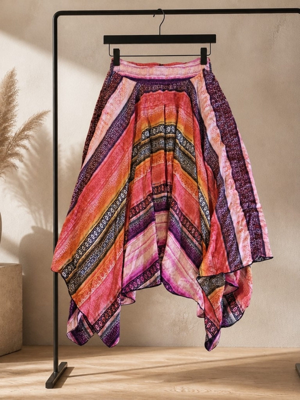 Lapis Multicolor Asymmetrical Handkerchief Hem Skirt - Pink, Purple & Orange